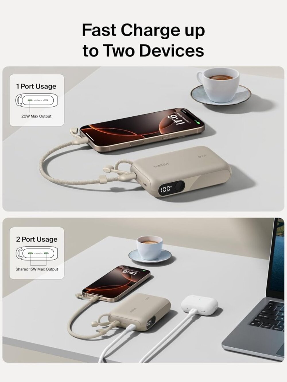 Belkin Slim 10,000mAh USB-C Portable Charger Power Bank - Sand - Picture 9 of 10